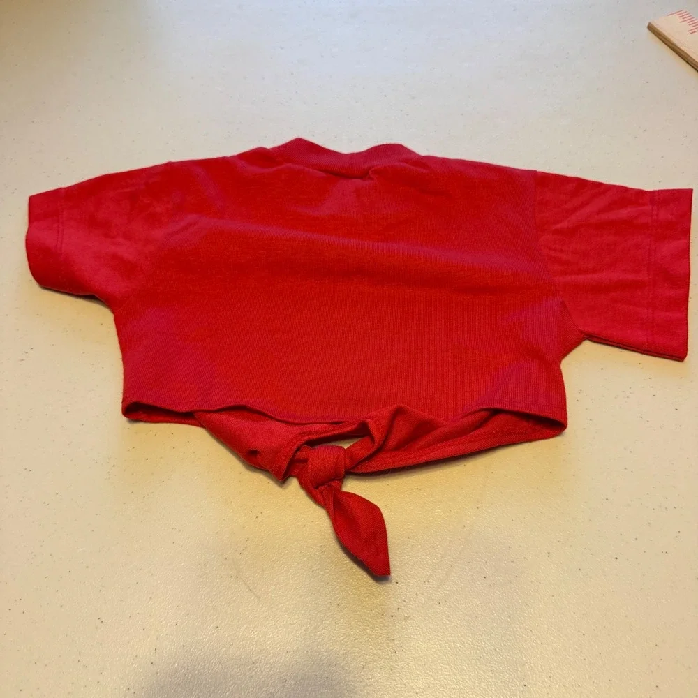 Vintage 90s Red Front Tie Crop Top Girls Size 4 Precious Knits USA Made Retro